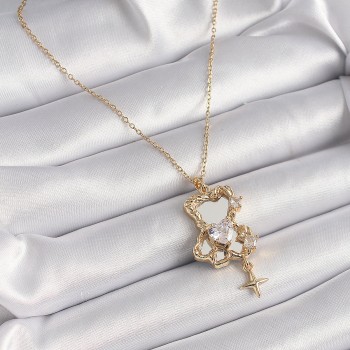 316L Çelik Gold Renk Zincir Ayna Ayıcık Model Zirkon Taşlı Kalp Kadın Kolye