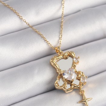 316L Çelik Gold Renk Zincir Ayna Ayıcık Model Zirkon Taşlı Kalp Kadın Kolye