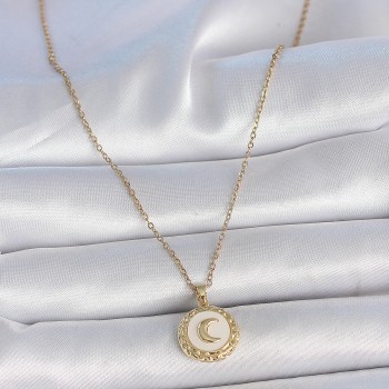 316L Çelik Gold Renk Zincir Beyaz Mineli Hilal İşlemeli Madalyon Model Kadın Kolye