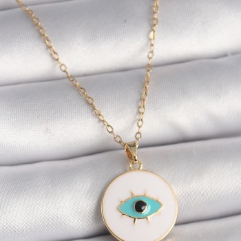 316L Çelik Gold Renk Zincir Beyaz Mineli Turkuaz Göz İşleme Model Kadın Kolye
