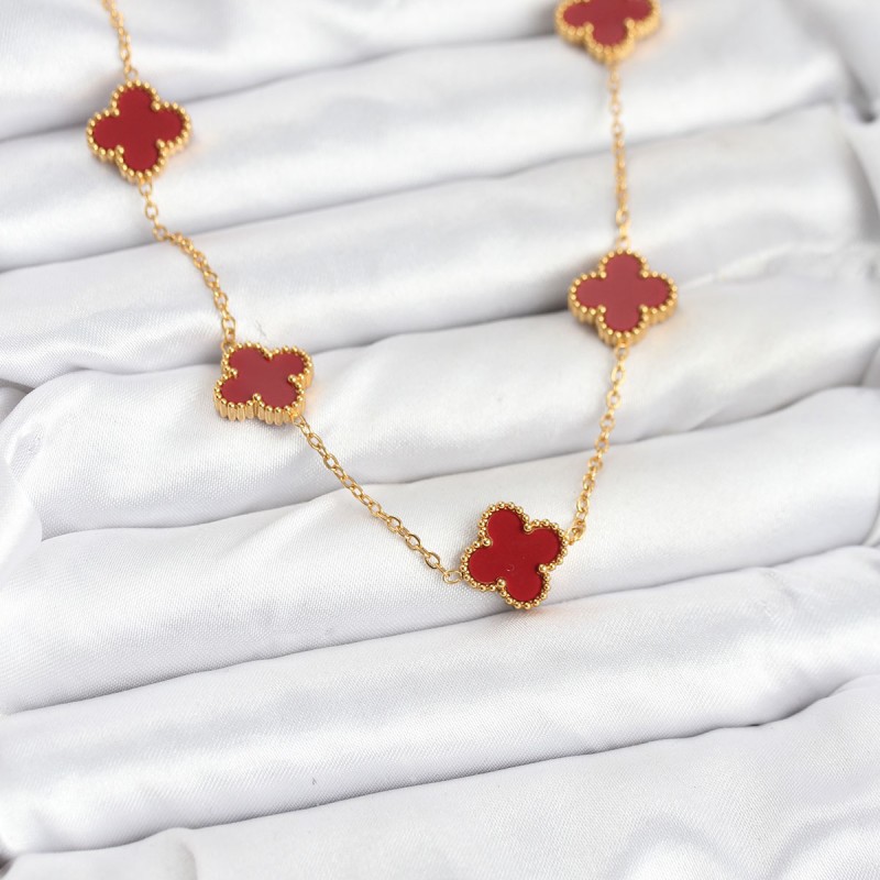 316L Çelik Gold Renk Zincir Bordo Yonca Kadın Kolye