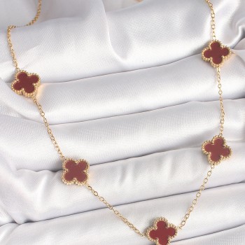 316L Çelik Gold Renk Zincir Bordo Yonca Model Kadın Kolye