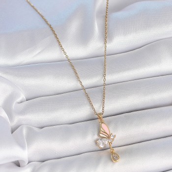 316L Çelik Gold Renk Zincir Damla Zirkon Taşlı Kelebek Model Sallantı Detay Kadın Kolye