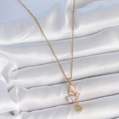 316L Çelik Gold Renk Zincir Damla Zirkon Taşlı Kelebek Model Sallantı Detay Kadın Kolye