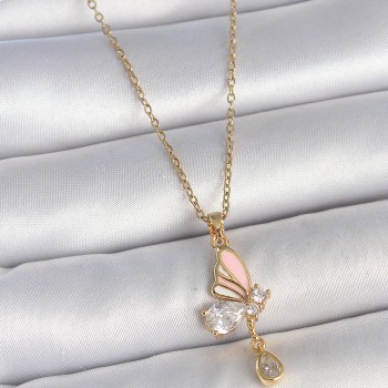 316L Çelik Gold Renk Zincir Damla Zirkon Taşlı Kelebek Model Sallantı Detay Kadın Kolye