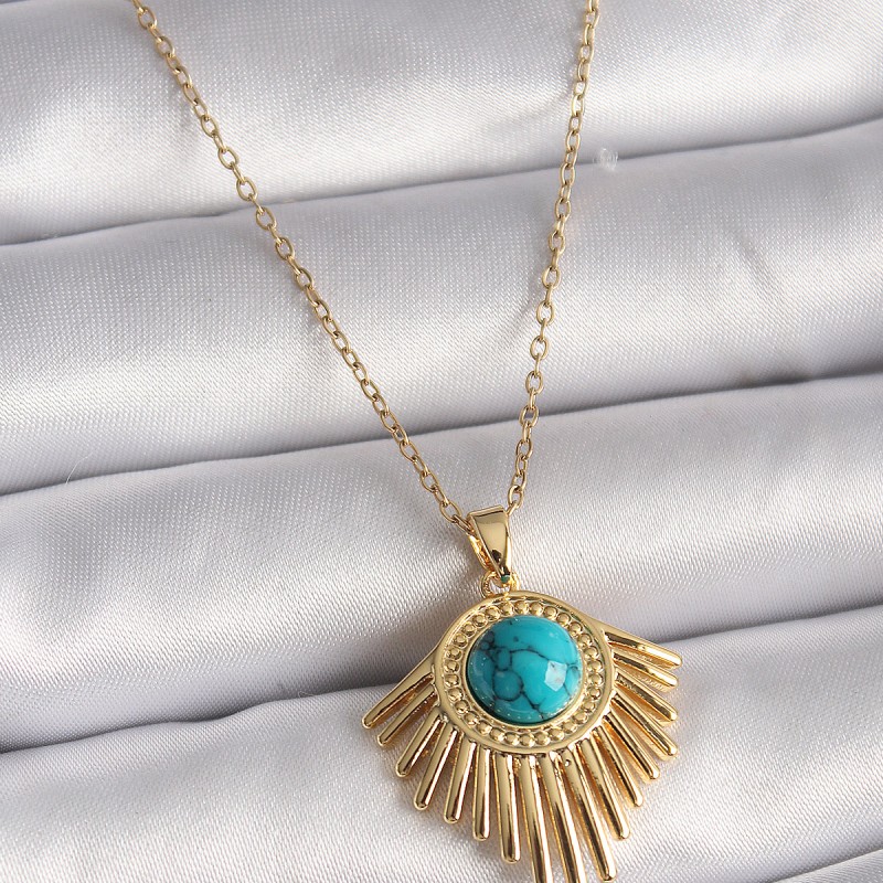 316L Çelik Gold Renk Zincir Mavi Boncuk Güneş Model Kadın Kolye