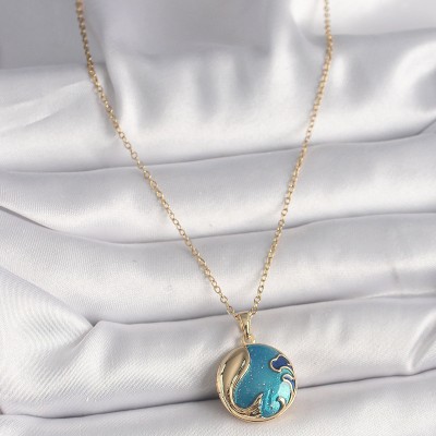 316L Çelik Gold Renk Zincir Mavi Dünya Model Kadın Kolye