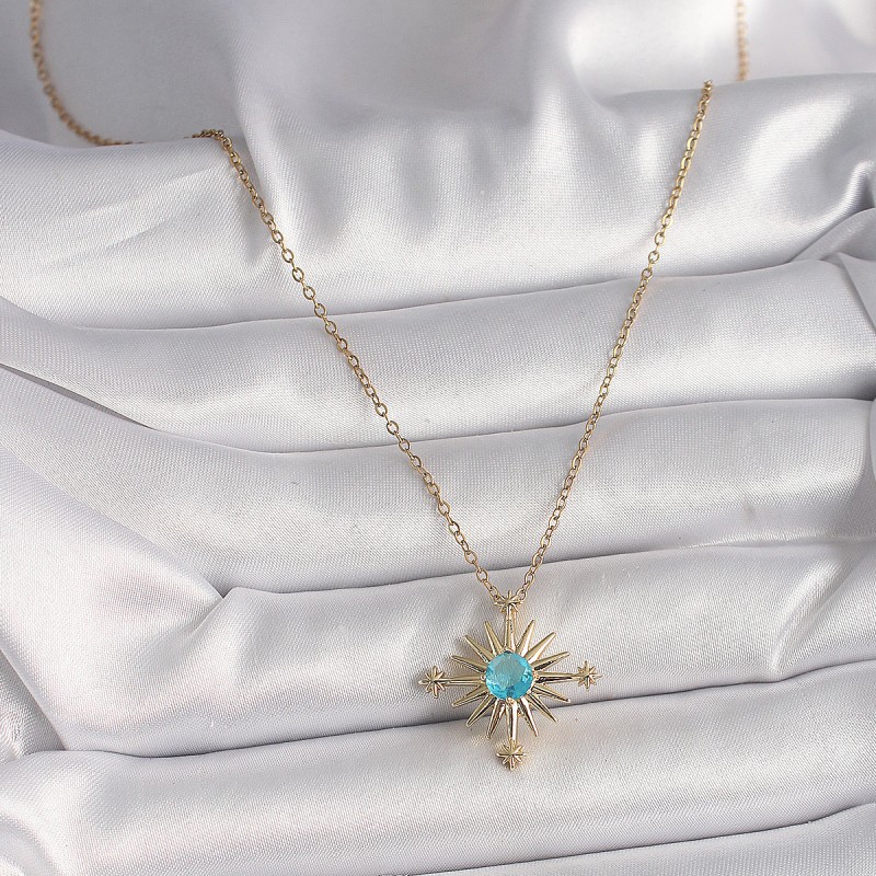 316L Çelik Gold Renk Zincir Mavi Taş Detaylı Kuzey Yıldız Model Kadın Kolye