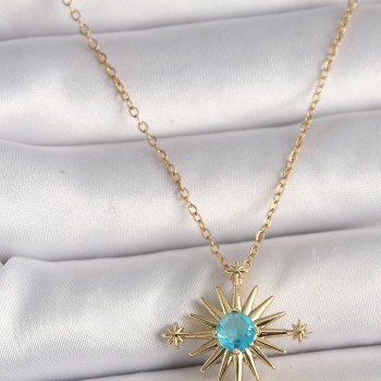 316L Çelik Gold Renk Zincir Mavi Taş Detaylı Kuzey Yıldız Model Kadın Kolye