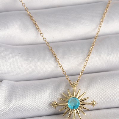 316L Çelik Gold Renk Zincir Mavi Taş Detaylı Kuzey Yıldız Model Kadın Kolye