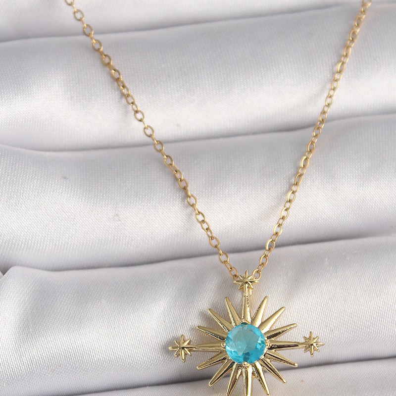 316L Çelik Gold Renk Zincir Mavi Taş Detaylı Kuzey Yıldız Model Kadın Kolye
