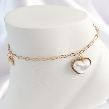 316L Çelik Gold Renk Zincir Model 3D İnci Kalp Kadın HalHal