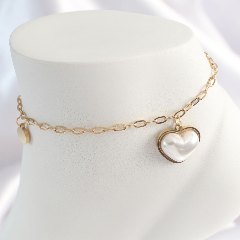 316L Çelik Gold Renk Zincir Model 3D İnci Kalp Kadın HalHal