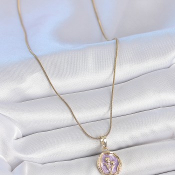 316L Çelik Gold Renk Zincir Mor Mineli Çiçek İşlemeli Portre Model Kadın Kolye