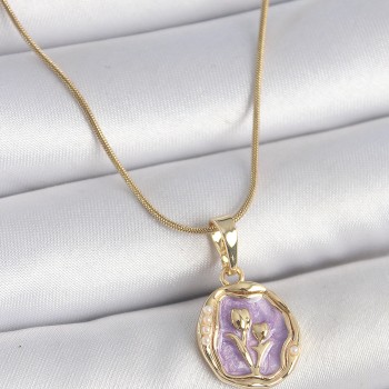 316L Çelik Gold Renk Zincir Mor Mineli Çiçek İşlemeli Portre Model Kadın Kolye