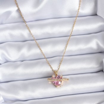 316L Çelik Gold Renk Zincir Pembe Kristal Kalp Model Zirkon Taş Detay Kadın Kolye