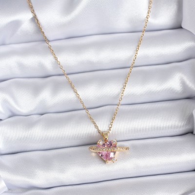 316L Çelik Gold Renk Zincir Pembe Kristal Kalp Model Zirkon Taş Detay Kadın Kolye