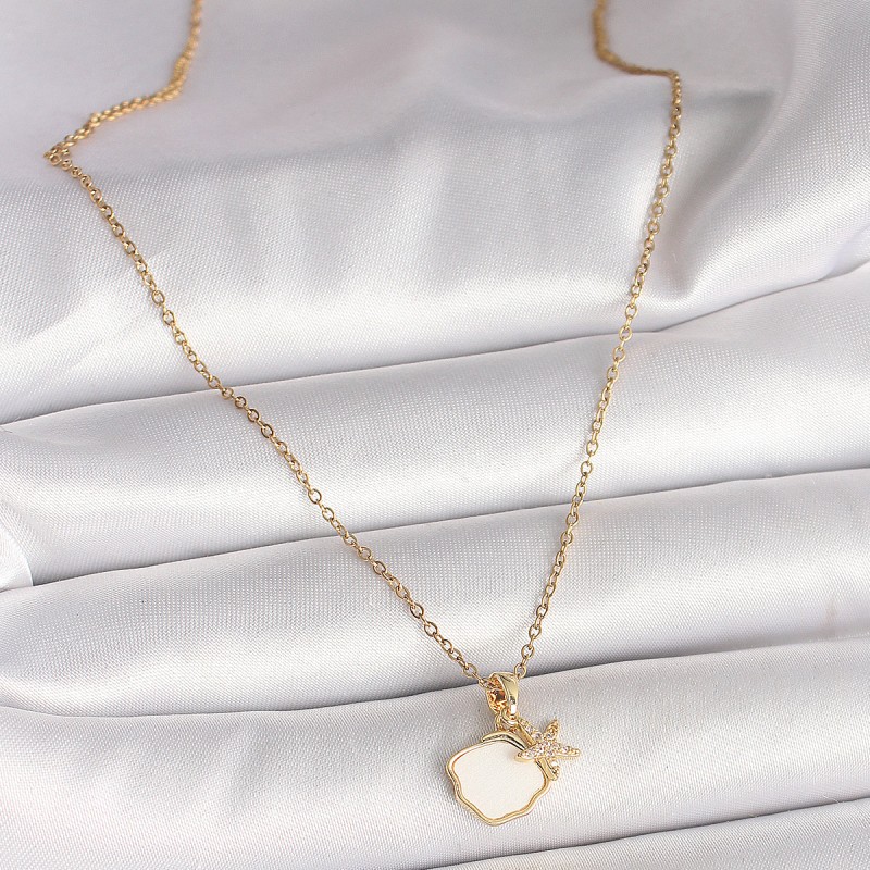 316L Çelik Gold Renk Zincir Sallantı Beyaz Mineli Deniz Kabuğu Zirkon Taşlı Yıldızı Figür Kadın Kolye