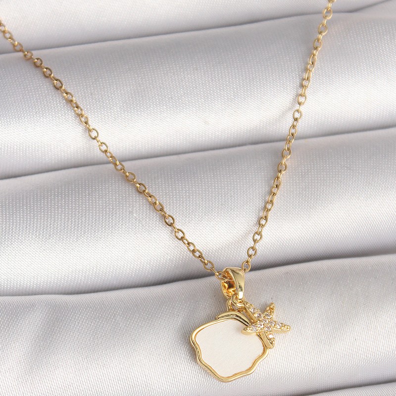 316L Çelik Gold Renk Zincir Sallantı Beyaz Mineli Deniz Kabuğu Zirkon Taşlı Yıldızı Figür Kadın Kolye