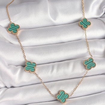 316L Çelik Gold Renk Zincir Yeşil Yonca Model Kadın Kolye