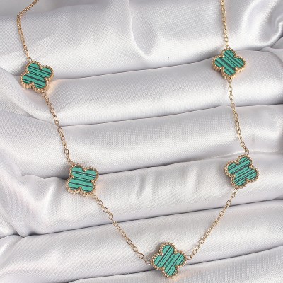 316L Çelik Gold Renk Zincir Yeşil Yonca Model Kadın Kolye