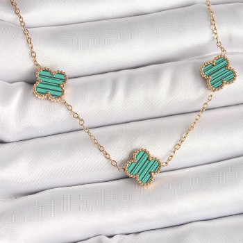 316L Çelik Gold Renk Zincir Yeşil Yonca Model Kadın Kolye