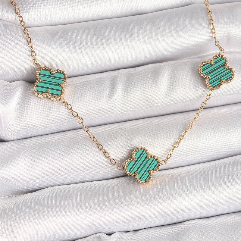 316L Çelik Gold Renk Zincir Yeşil Yonca Model Kadın Kolye