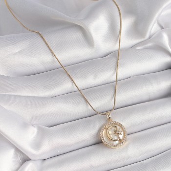 316L Çelik Gold Renk Zincir Zirkon Taş Detaylı Beyaz Sedefli Ay Yıldız Model Kadın Kolye