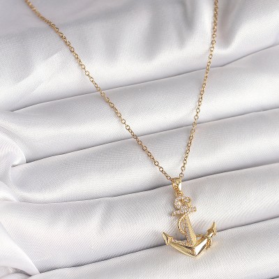 316L Çelik Gold Renk Zincir Zirkon Taş Detaylı Çapa Model Kadın Kolye