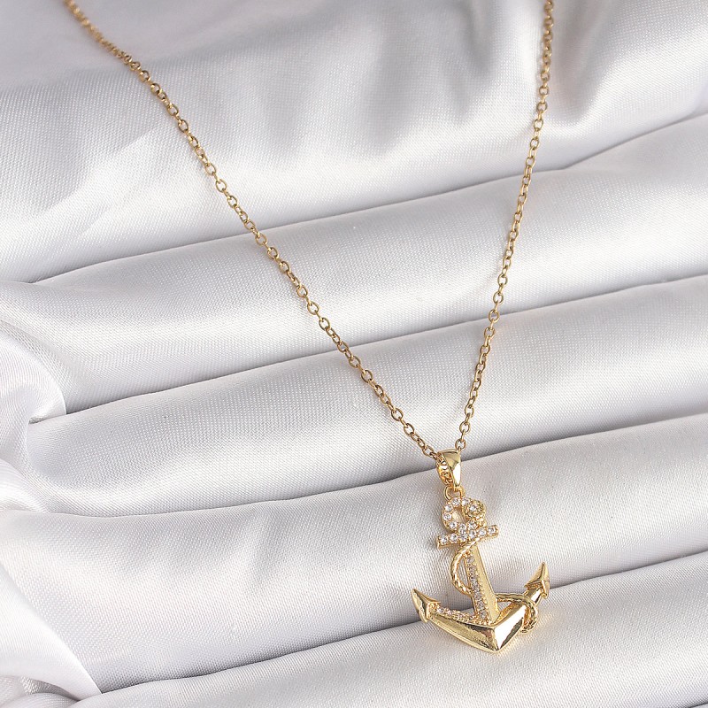 316L Çelik Gold Renk Zincir Zirkon Taş Detaylı Çapa Model Kadın Kolye