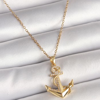 316L Çelik Gold Renk Zincir Zirkon Taş Detaylı Çapa Model Kadın Kolye