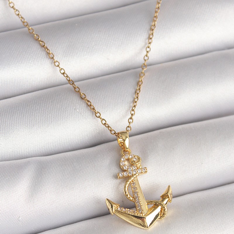 316L Çelik Gold Renk Zincir Zirkon Taş Detaylı Çapa Model Kadın Kolye