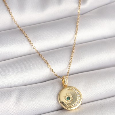 316L Çelik Gold Renk Zincir Zirkon Taş İşlemeli Hilal Yıldız Madalyon Model Kadın Kolye