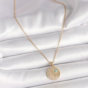 316L Çelik Gold Renk Zincir Zirkon Taş İşlemeli Mavi Detaylı Madalyon Model Kadın Kolye