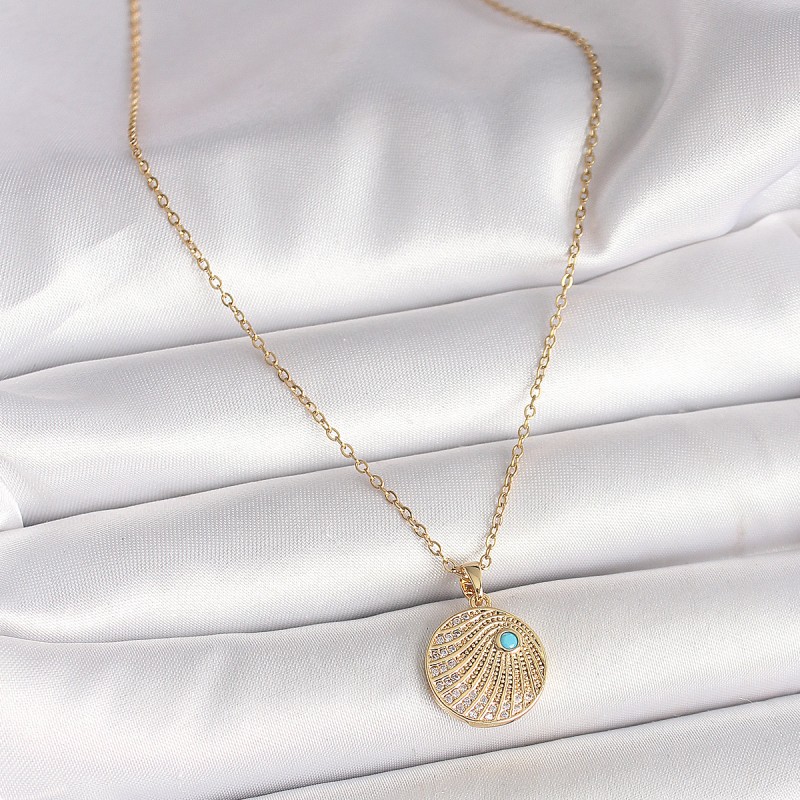 316L Çelik Gold Renk Zincir Zirkon Taş İşlemeli Mavi Detaylı Madalyon Model Kadın Kolye