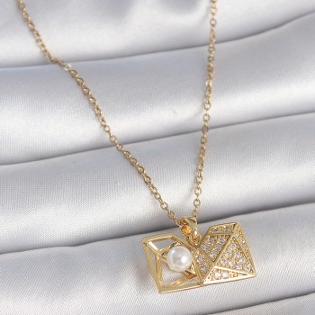 316L Çelik Gold Renk Zincir Zirkon Taşlı Açılır İncili Elmas Model Kadın Kolye