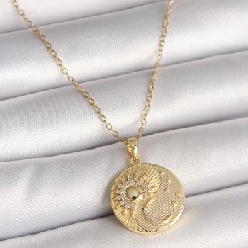316L Çelik Gold Renk Zincir Zirkon Taşlı Ay Güneş İşlemeli Madalyon Model Kadın Kolye