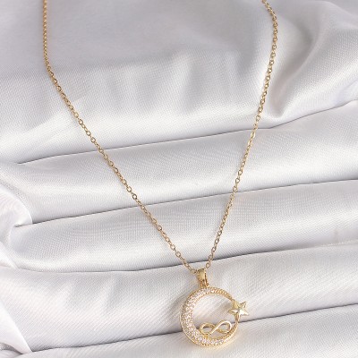 316L Çelik Gold Renk Zincir Zirkon Taşlı Ay Yıldız Model Sonsuzluk Detay Kadın Kolye