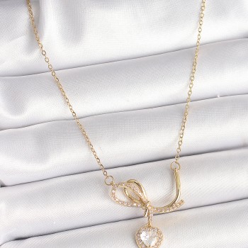 316L Çelik Gold Renk Zincir Zirkon Taşlı Düğüm Sallantı Kalp Model Kadın Kolye