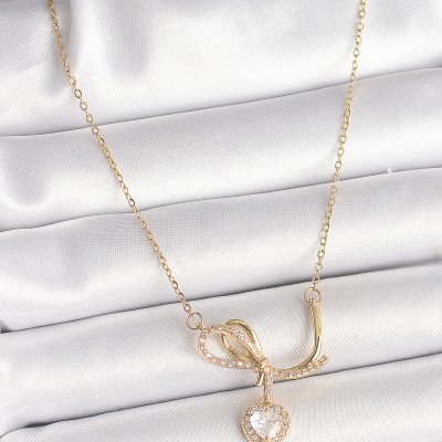 316L Çelik Gold Renk Zincir Zirkon Taşlı Düğüm Sallantı Kalp Model Kadın Kolye