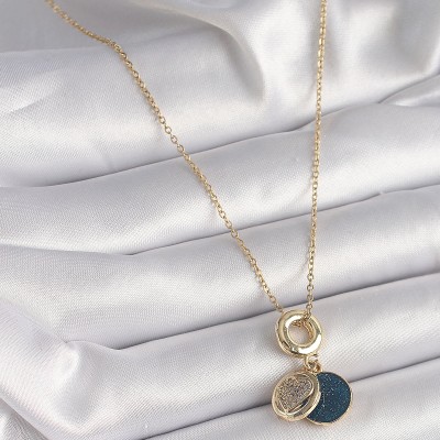 316L Çelik Gold Renk Zincir Zirkon Taşlı Kalp Model Mavi Simli Kadın Kolye