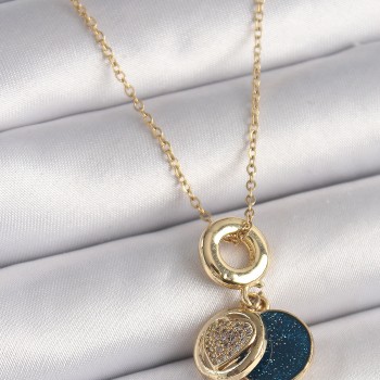 316L Çelik Gold Renk Zincir Zirkon Taşlı Kalp Model Mavi Simli Kadın Kolye