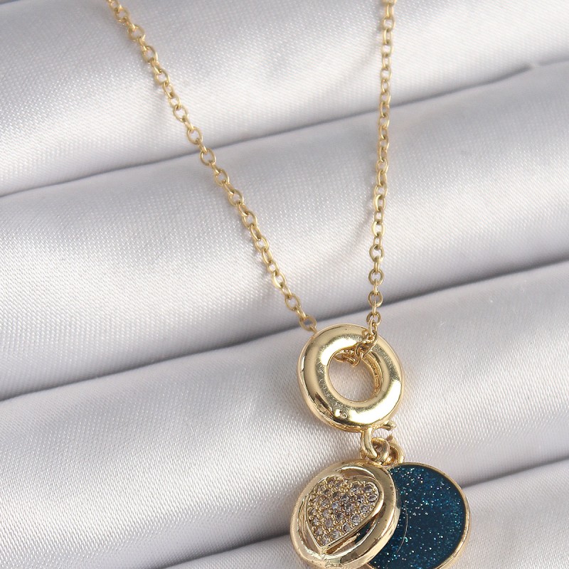 316L Çelik Gold Renk Zincir Zirkon Taşlı Kalp Model Mavi Simli Kadın Kolye