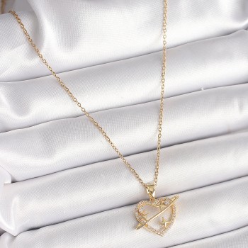 316L Çelik Gold Renk Zincir Zirkon Taşlı Kalp Model Yıldız Detay Kadın Kolye