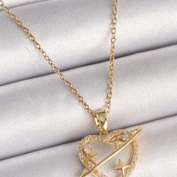316L Çelik Gold Renk Zincir Zirkon Taşlı Kalp Model Yıldız Detay Kadın Kolye