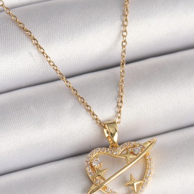 316L Çelik Gold Renk Zincir Zirkon Taşlı Kalp Model Yıldız Detay Kadın Kolye