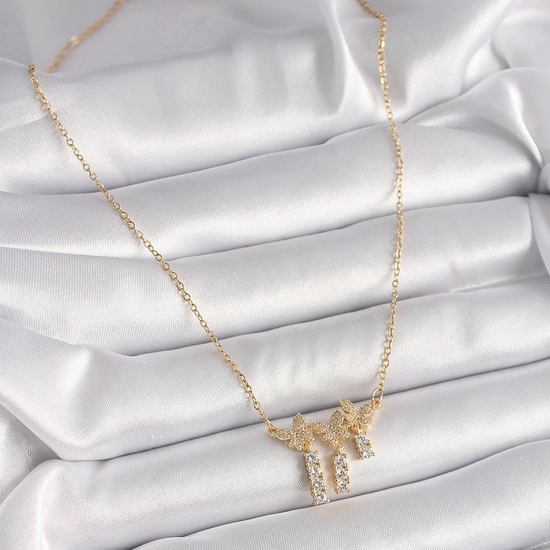 316L Çelik Gold Renk Zincir Zirkon Taşlı Kelebek Model Sallantı Detay Kadın Kolye