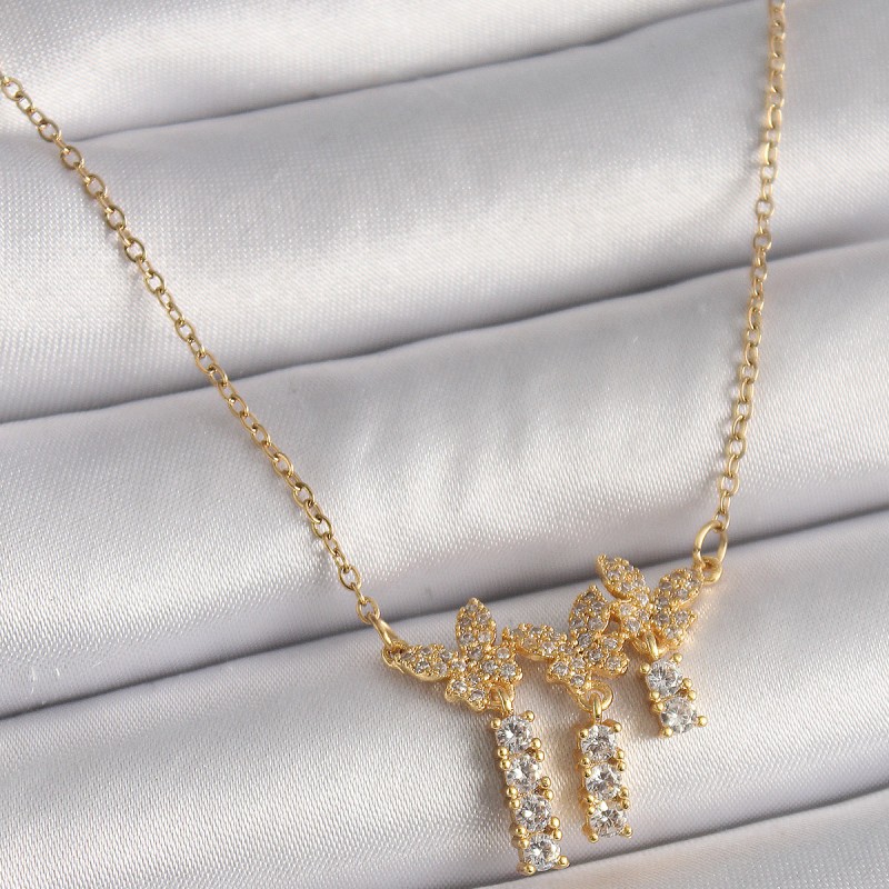 316L Çelik Gold Renk Zincir Zirkon Taşlı Kelebek Model Sallantı Detay Kadın Kolye