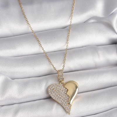 316L Çelik Gold Renk Zincir Zirkon Taşlı Kırık Kalp Model Kadın Kolye