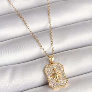 316L Çelik Gold Renk Zincir Zirkon Taşlı Kutup Yıldız İşlemeli Madalyon Model Kadın Kolye